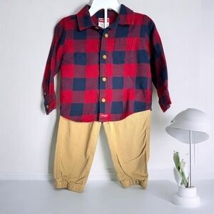 Wrangler Toddler Boys Long Sleeve Flannel Button-Up Shirt and Pants Set 18 Month